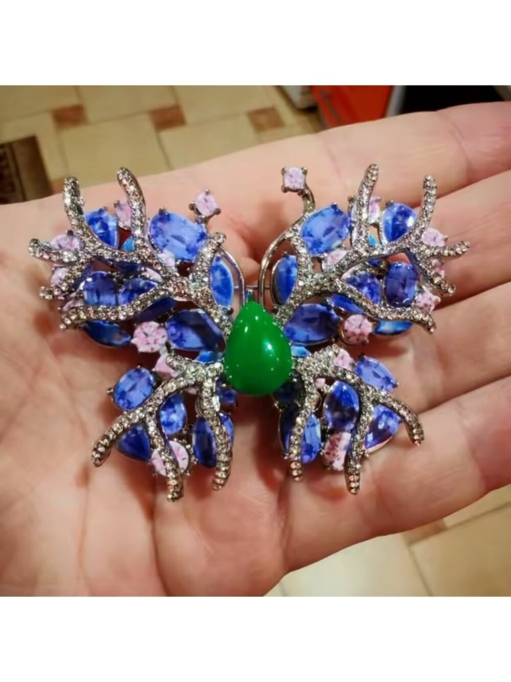Whimsical Butterfly Blue Green Gem Brooch